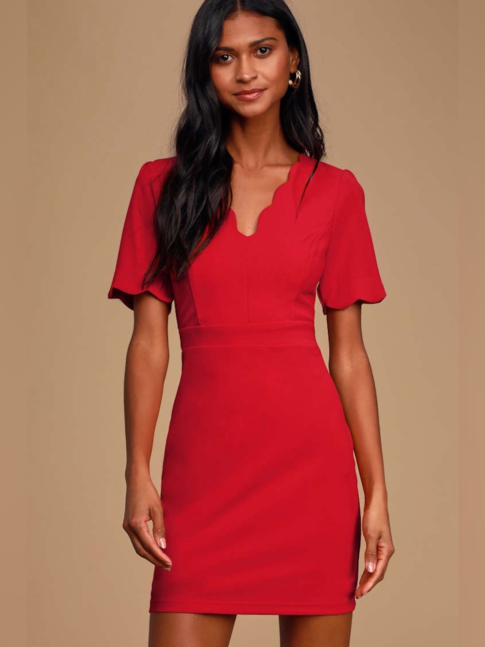 Lulus Truer Words Red Scalloped Short Sleeve Bodycon Dress size large NWT